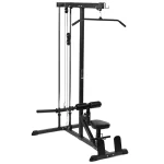 The Plate Loaded Lat Pull Down Cable Row machine, showcasing its lat pulldown and low row stations with a lat bar and handles