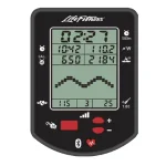 The Row HX Trainer Life Fitness in its upright, vertical storage position, demonstrating its space-saving design