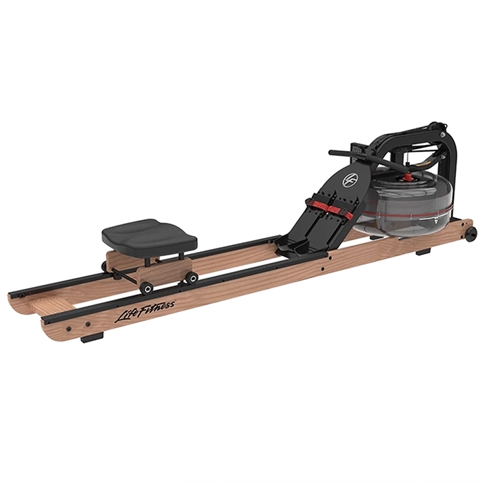 The Row HX Trainer Life Fitness rowing machine, showcasing its elegant natural wood frame and water tank gym