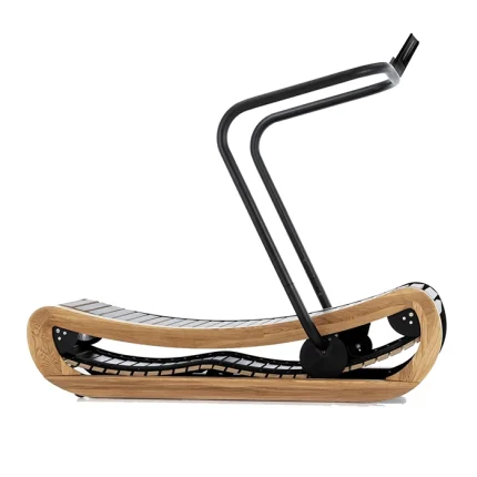 The Treadmill Sprintbok V2 Oak, showcasing its beautiful curved Oak wooden frame and self-powered design