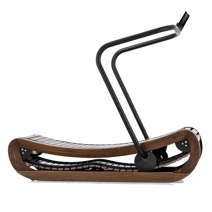 The Treadmill Sprintbok V2 Walnut, showcasing its beautiful curved Walnut wooden frame and self-powered design