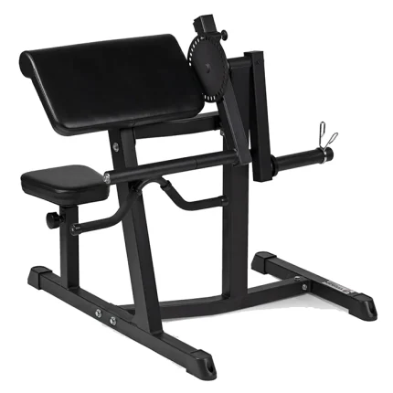 The Upper Body Bicep Tricep Curl Machine, showcasing its robust steel frame and comfortable padded seat