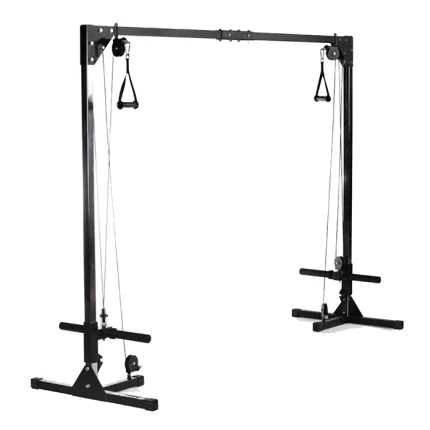 The Upper Body Cable Crossover Machine, showcasing its robust frame, dual pulley stations, and plate-loaded sleeves