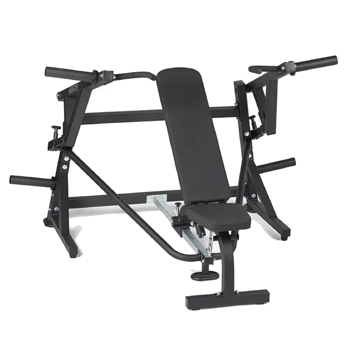 The Upper Body Plate Loaded Chest Press machine, showcasing its robust steel frame and adjustable FID bench