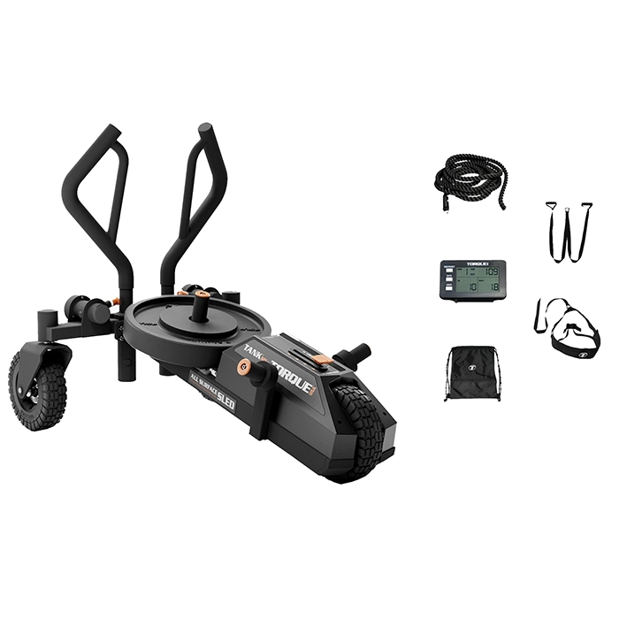 Torque Fitness Tank M1S Athlete Kit showing the magnetic sled and all included towing accessories Torque Fitness Tank M1S Athlete Kit showing the magnetic sled and all included towing accessories