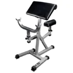 Valor Fitness Pivoting Preacher Curl Bench with a chrome-plated bar holder and Y-shaped base